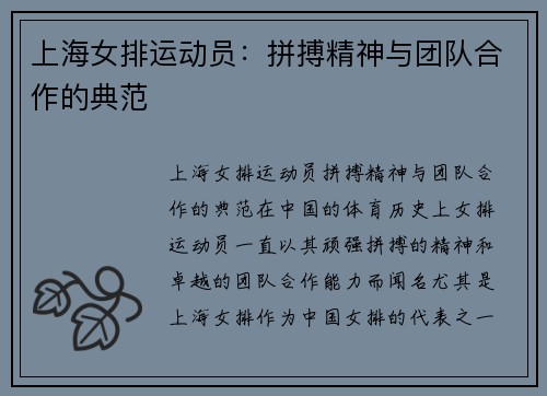 上海女排运动员：拼搏精神与团队合作的典范